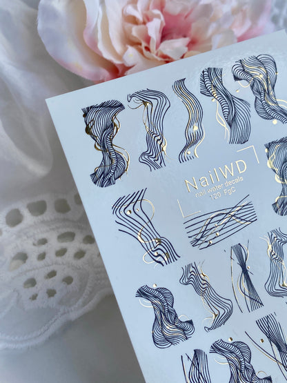 Nail Water Decal 129 NailWD | Water Slide Nail Decals Abstract Lines | Black & Gold Minimalist Design