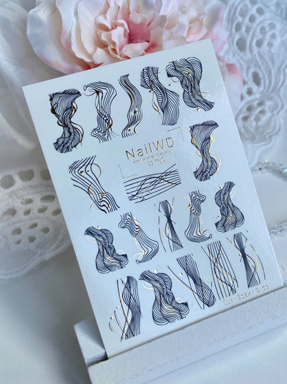Nail Water Decal 129 NailWD | Water Slide Nail Decals Abstract Lines | Black & Gold Minimalist Design