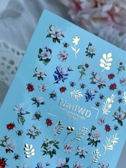 Nail Water Decal 160 Nail WD | Water Slide Nail Decals Floral Garden with Bees and Ladybugs | Nail Water Decals Spring Flowers Design