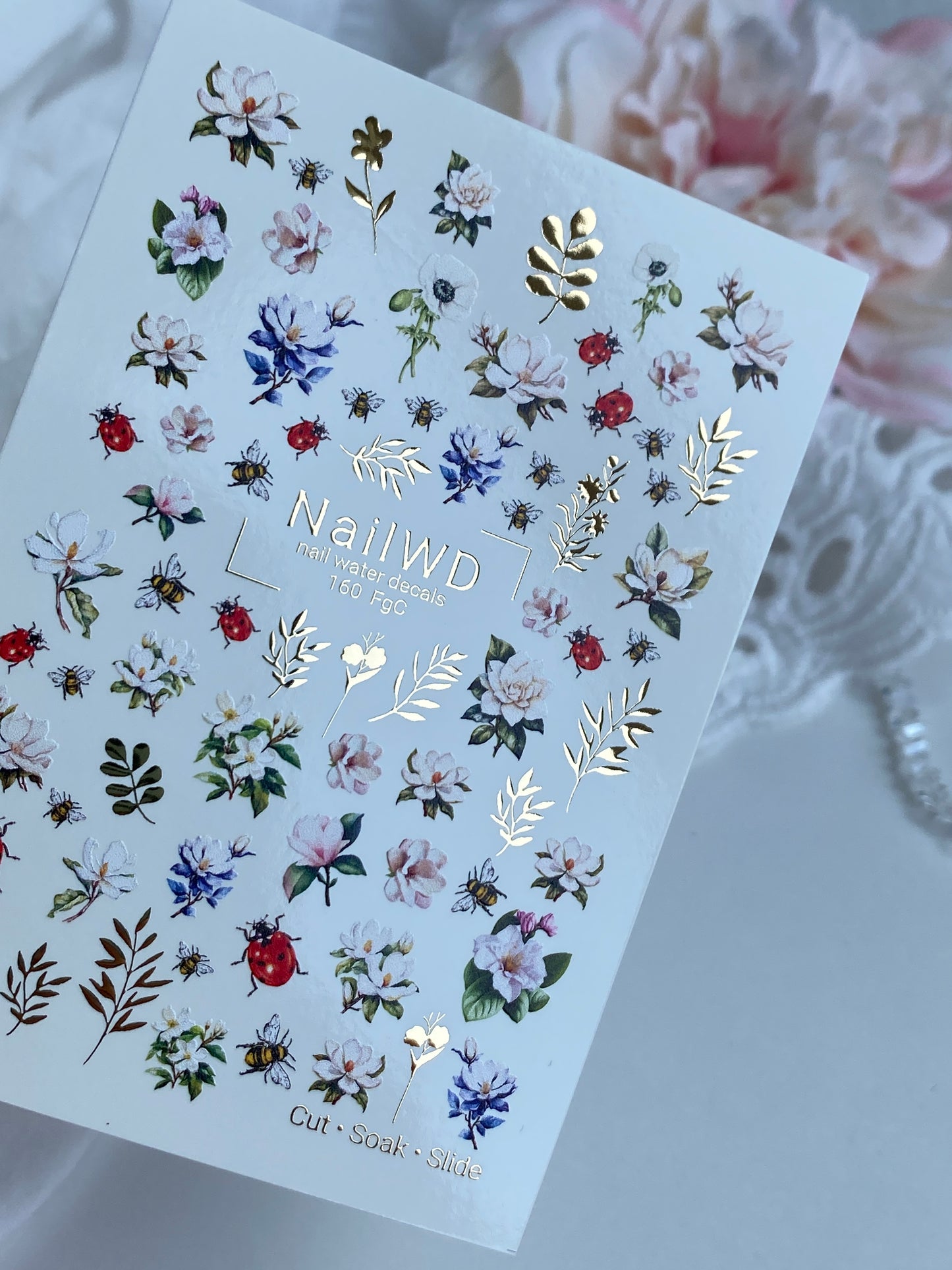 Nail Water Decal 160 Nail WD | Water Slide Nail Decals Floral Garden with Bees and Ladybugs | Nail Water Decals Spring Flowers Design