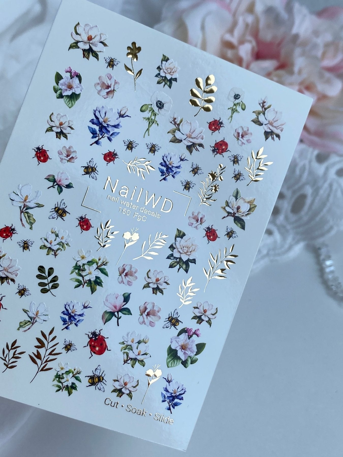 Nail Water Decal 160 Nail WD | Water Slide Nail Decals Floral Garden with Bees and Ladybugs | Nail Water Decals Spring Flowers Design