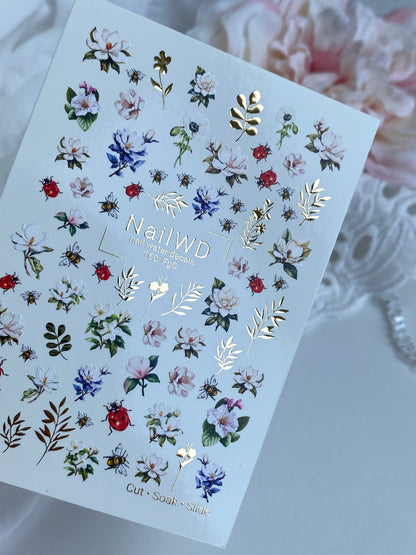 Nail Water Decal 160 Nail WD | Water Slide Nail Decals Floral Garden with Bees and Ladybugs | Nail Water Decals Spring Flowers Design
