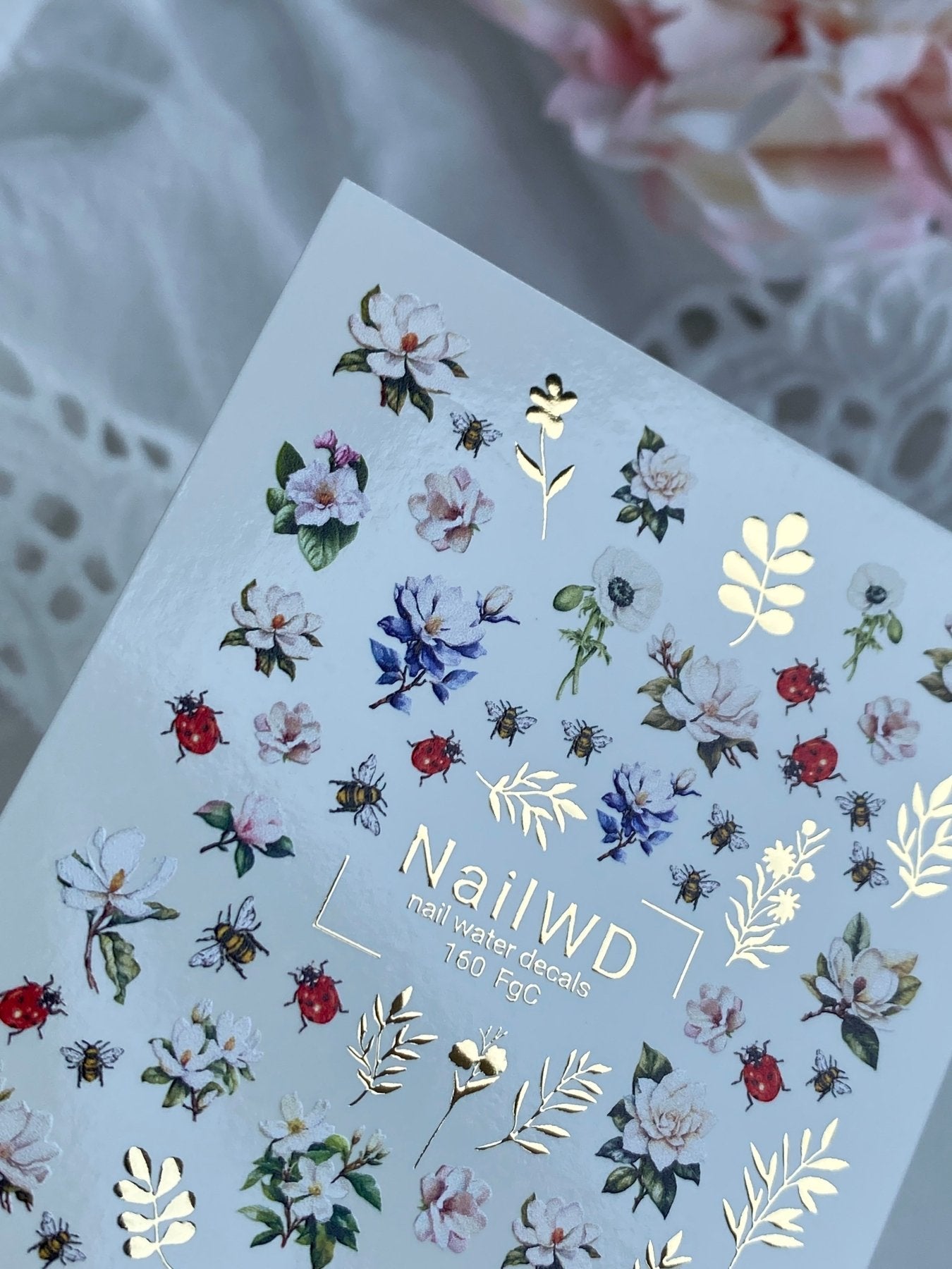Nail Water Decal 160 Nail WD | Water Slide Nail Decals Floral Garden with Bees and Ladybugs | Nail Water Decals Spring Flowers Design