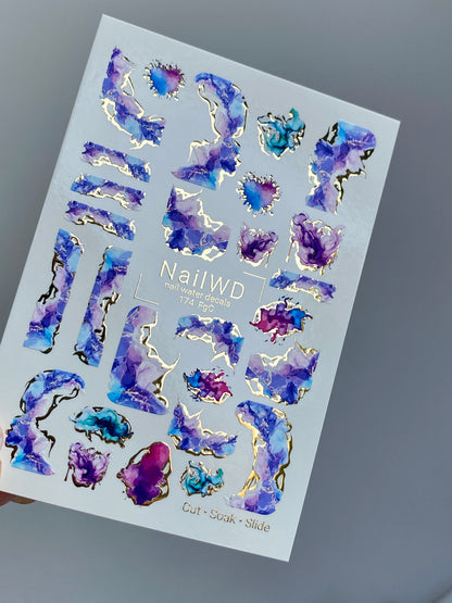 Nail Water Decal 174 Nail WD | Water Slide Nail Decals Abstract Marble Ink | Nail Water Decals Purple and Blue Artistic Design