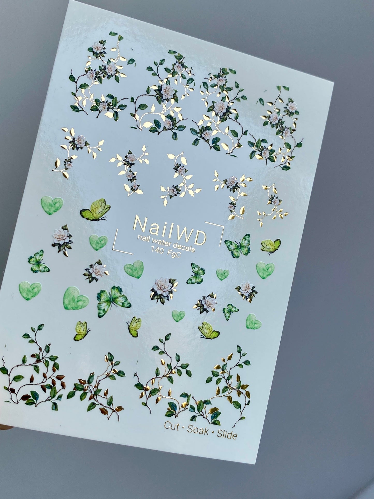 Nail Water Decal 140 NailWD | Water Slide Nail Decals Green Butterflies & Flowers | Botanical Romantic Design