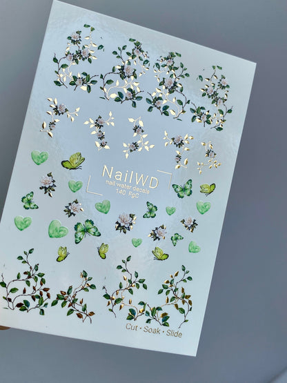 Nail Water Decal 140 NailWD | Water Slide Nail Decals Green Butterflies & Flowers | Botanical Romantic Design
