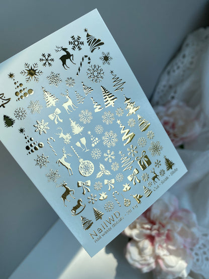 Nagel-Wasserabziehbild 28 NailWD | Wasserfolien-Nagelabziehbilder mit Goldfolie Weihnachtsmuster | Schneeflocken, Bäume, Rentiere & Feiertagsakzente