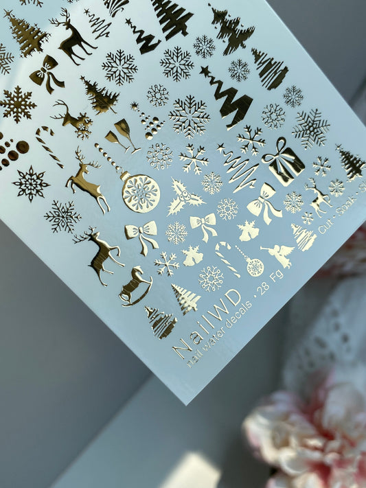 Nail Water Decal 28 NailWD | Water Slide Nail Decals with Gold Foil Christmas Patterns | Snowflakes, Trees, Reindeer & Holiday Accents