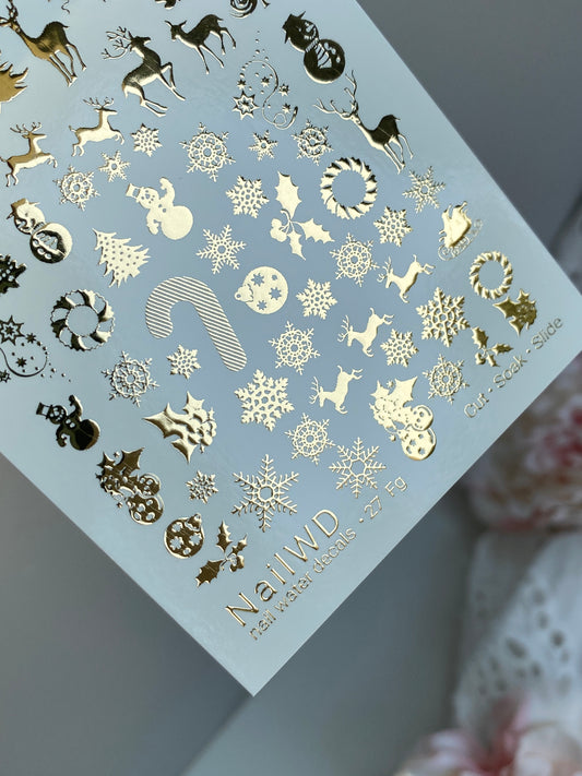 Nail Water Decal 27 NailWD | Water Slide Nail Decals with Gold Christmas Designs | Reindeer, Snowflakes, Trees & Candy Canes