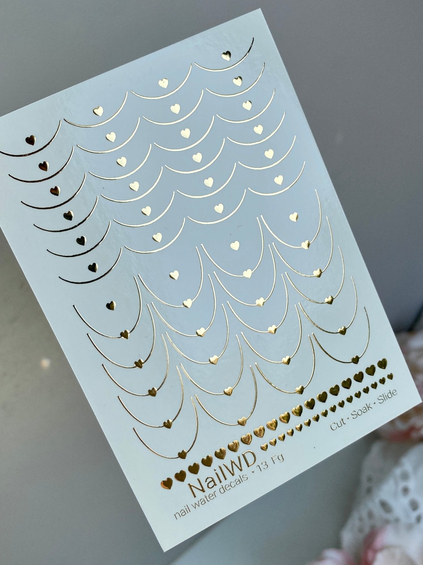 Nail Water Decal 13 NailWD | French Water Slide Nail Decals with Gold Hearts | Romantic French Line Nail Art - UASLIDER