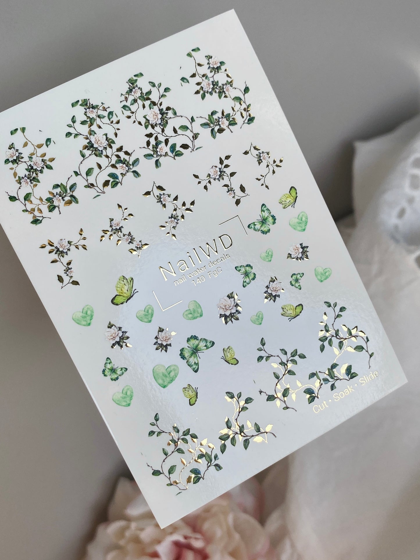 Nail Water Decal 140 NailWD | Water Slide Nail Decals Green Butterflies & Flowers | Botanical Romantic Design