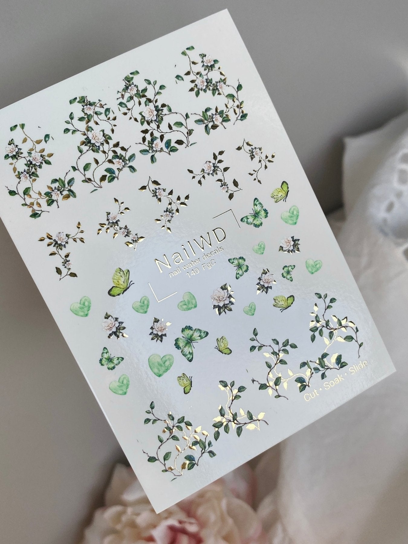 Nail Water Decal 140 NailWD | Water Slide Nail Decals Green Butterflies & Flowers | Botanical Romantic Design