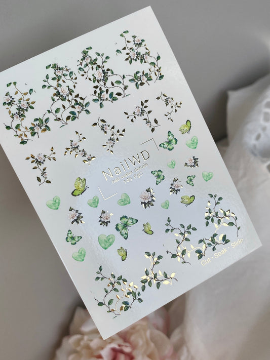 Nail Water Decal 140 NailWD | Water Slide Nail Decals Green Butterflies & Flowers | Botanical Romantic Design