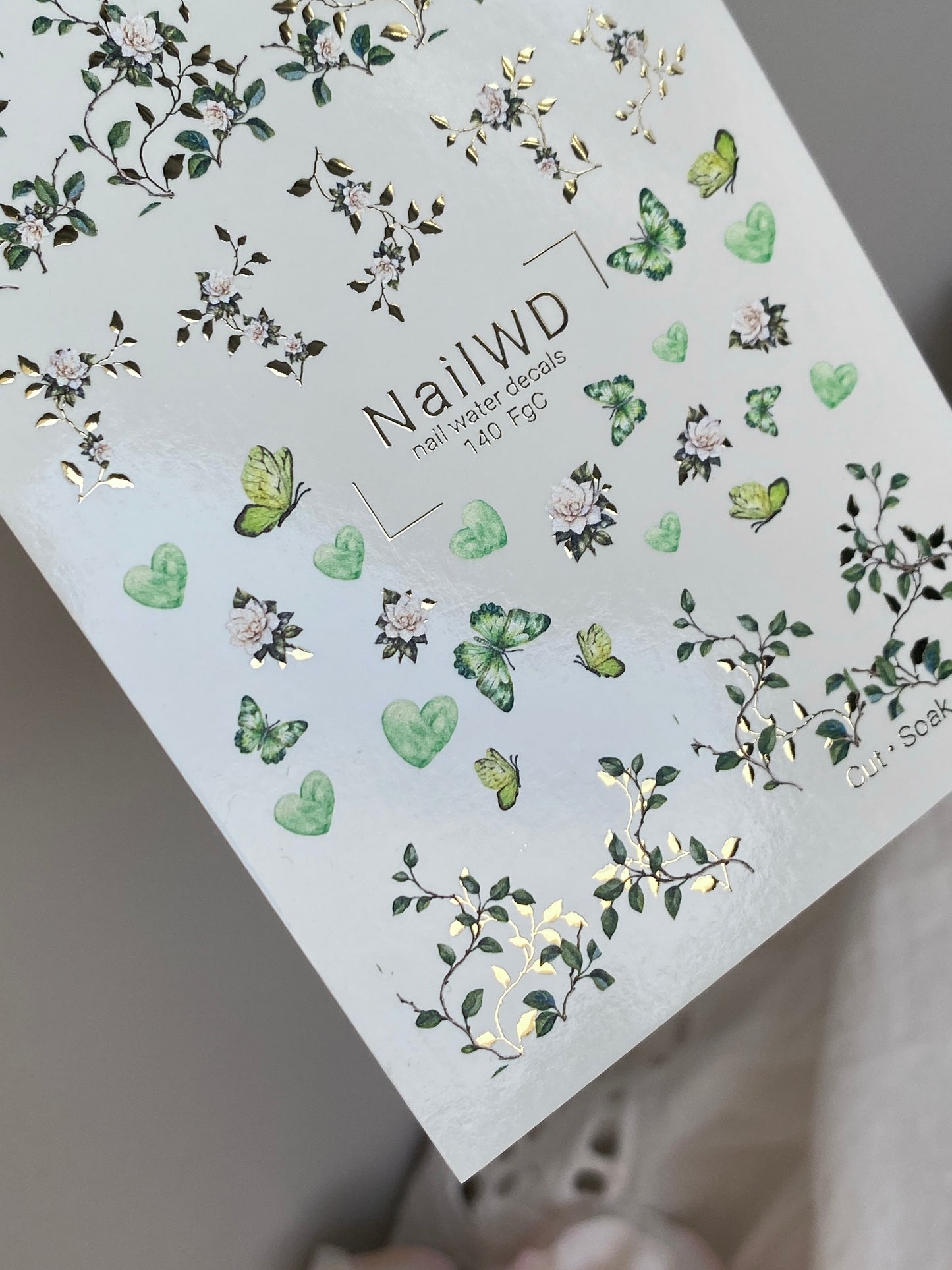 Nail Water Decal 140 NailWD | Water Slide Nail Decals Green Butterflies & Flowers | Botanical Romantic Design