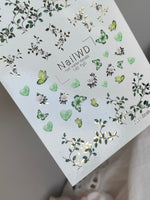 Nail Water Decal 140 NailWD | Water Slide Nail Decals Green Butterflies & Flowers | Botanical Romantic Design