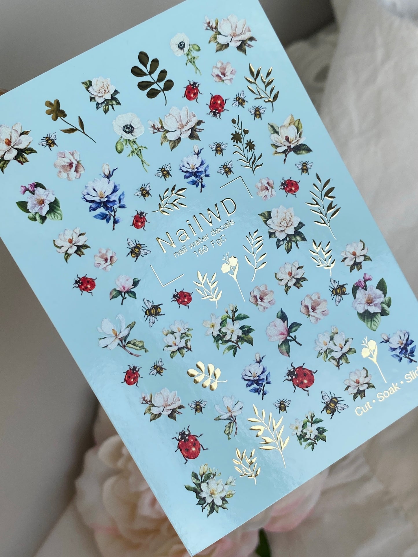 Nail Water Decal 160 Nail WD | Water Slide Nail Decals Floral Garden with Bees and Ladybugs | Nail Water Decals Spring Flowers Design