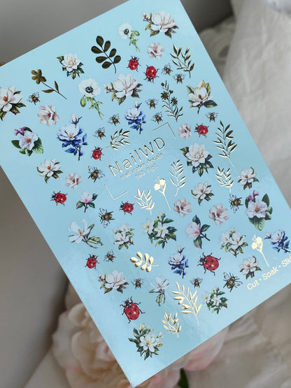 Nail Water Decal 160 Nail WD | Water Slide Nail Decals Floral Garden with Bees and Ladybugs | Nail Water Decals Spring Flowers Design