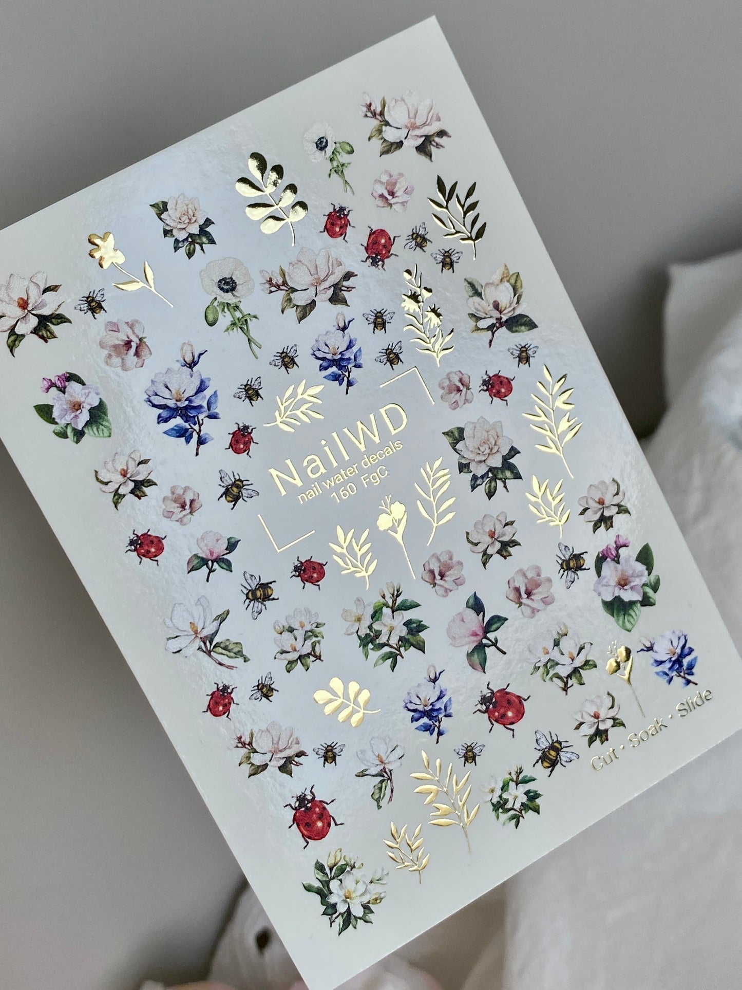 Nail Water Decal 160 Nail WD | Water Slide Nail Decals Floral Garden with Bees and Ladybugs | Nail Water Decals Spring Flowers Design