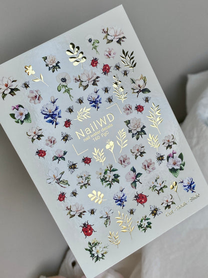 Nail Water Decal 160 Nail WD | Water Slide Nail Decals Floral Garden with Bees and Ladybugs | Nail Water Decals Spring Flowers Design