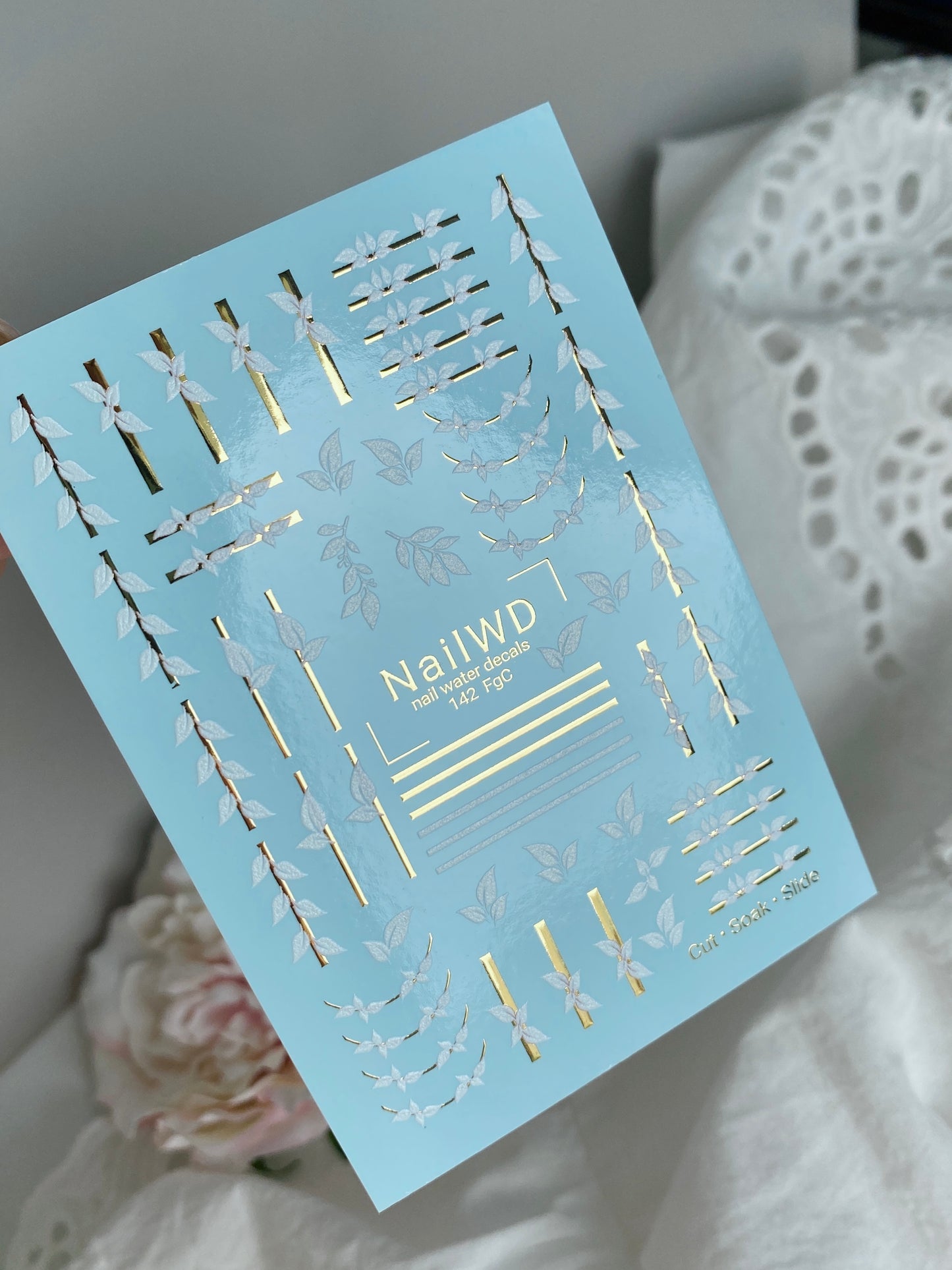 Nail Water Decal 142 NailWD | Water Slide Nail Decals White Leaves | Minimalist Botanical with Gold Stripes