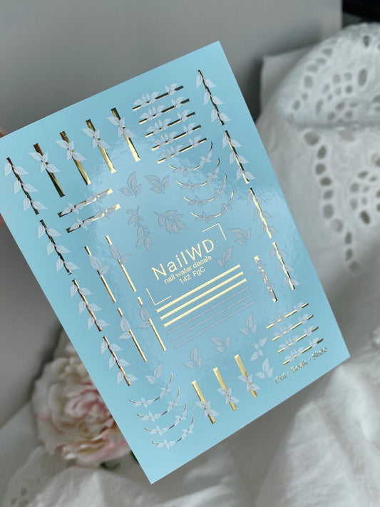 Nail Water Decal 142 NailWD | Water Slide Nail Decals White Leaves | Minimalist Botanical with Gold Stripes