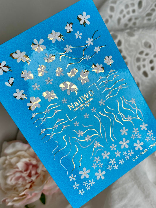 Nail Water Decal 141 NailWD | Water Slide Nail Decals White Daisies | Floral Lines with Gold Accents