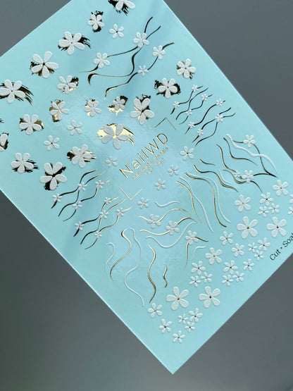 Nálepka na nehty 141 NailWD | Vodní nálepky na nehty Bílé kopretiny | Květinové linie se zlatými akcenty