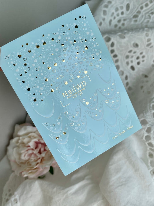 Nail Water Decal 147 NailWD | Water Slide Nail Decals White & Gold Hearts | Elegant Romantic French Design