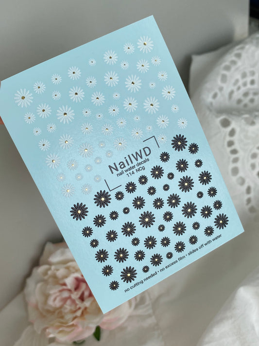 Nail Water Decal 114 NailWD | Water Slide Nail Decals White and Black Daisies | Minimalist Floral Nail Art
