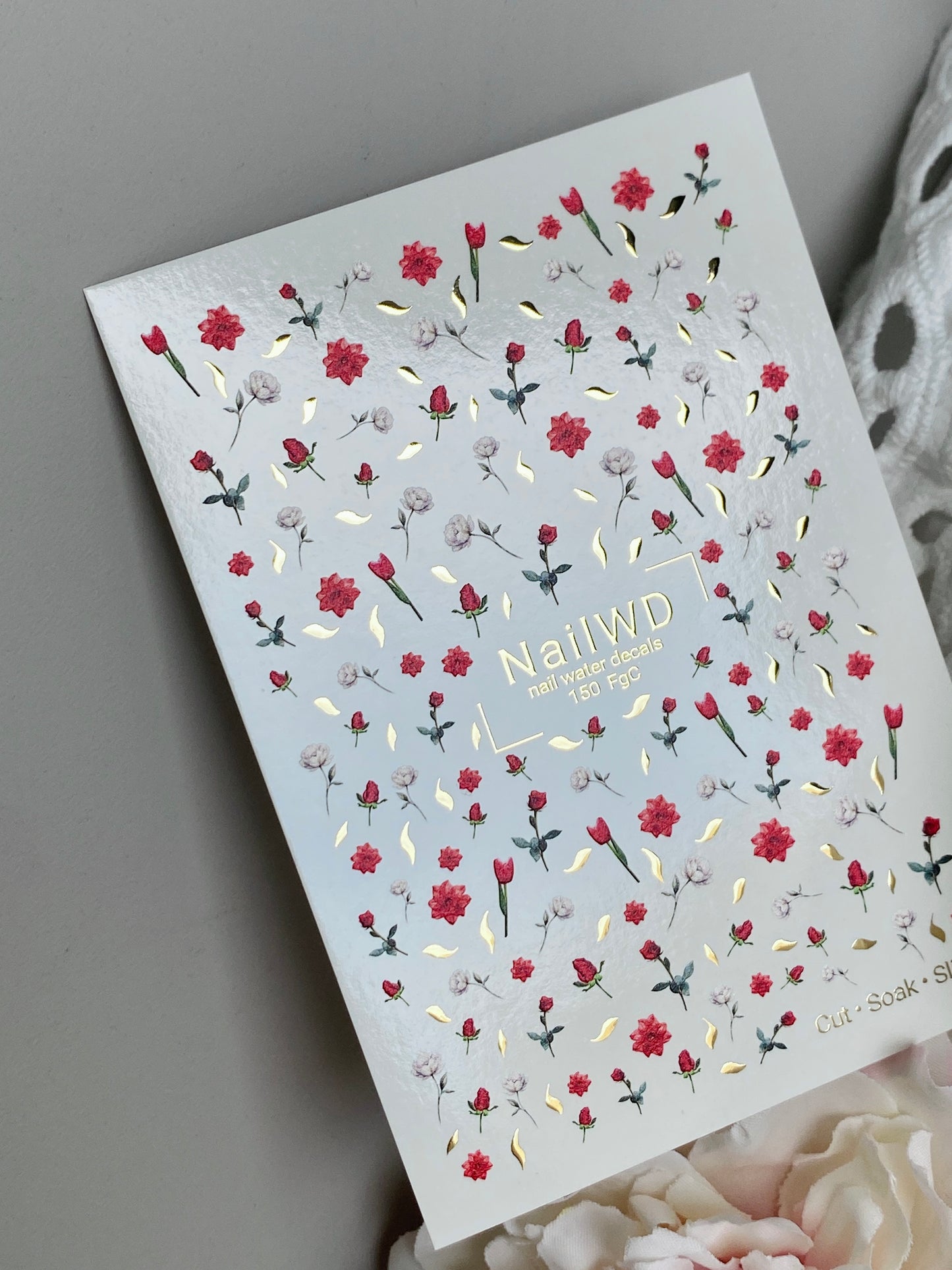 Adesivo per unghie ad acqua 150 Nail WD | Adesivi per unghie a scivolamento ad acqua rose rosse e bianche | Arte per unghie floreale romantica