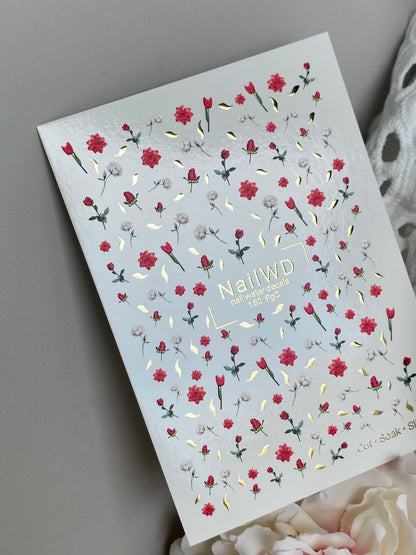 Adesivo per unghie ad acqua 150 Nail WD | Adesivi per unghie a scivolamento ad acqua rose rosse e bianche | Arte per unghie floreale romantica