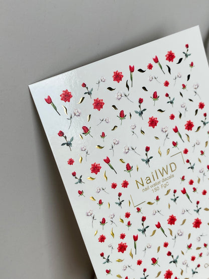 Adesivo per unghie ad acqua 150 Nail WD | Adesivi per unghie a scivolamento ad acqua rose rosse e bianche | Arte per unghie floreale romantica