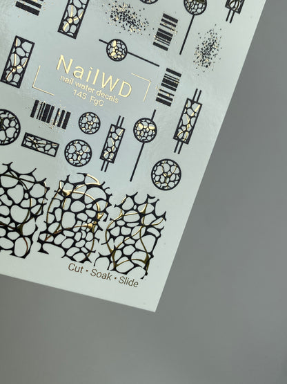 Nail Water Decal 145 NailWD | Water Slide Nail Decals Geometric Abstract | Modern Black & Gold Patterns