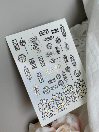 Nail Water Decal 145 NailWD | Water Slide Nail Decals Geometric Abstract | Modern Black & Gold Patterns