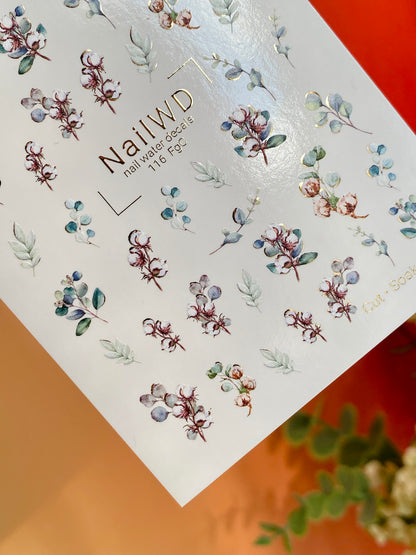 Nail Water Decal 116 NailWD | Water Slide Nail Decals Cotton and Eucalyptus | Botanical Nail Art