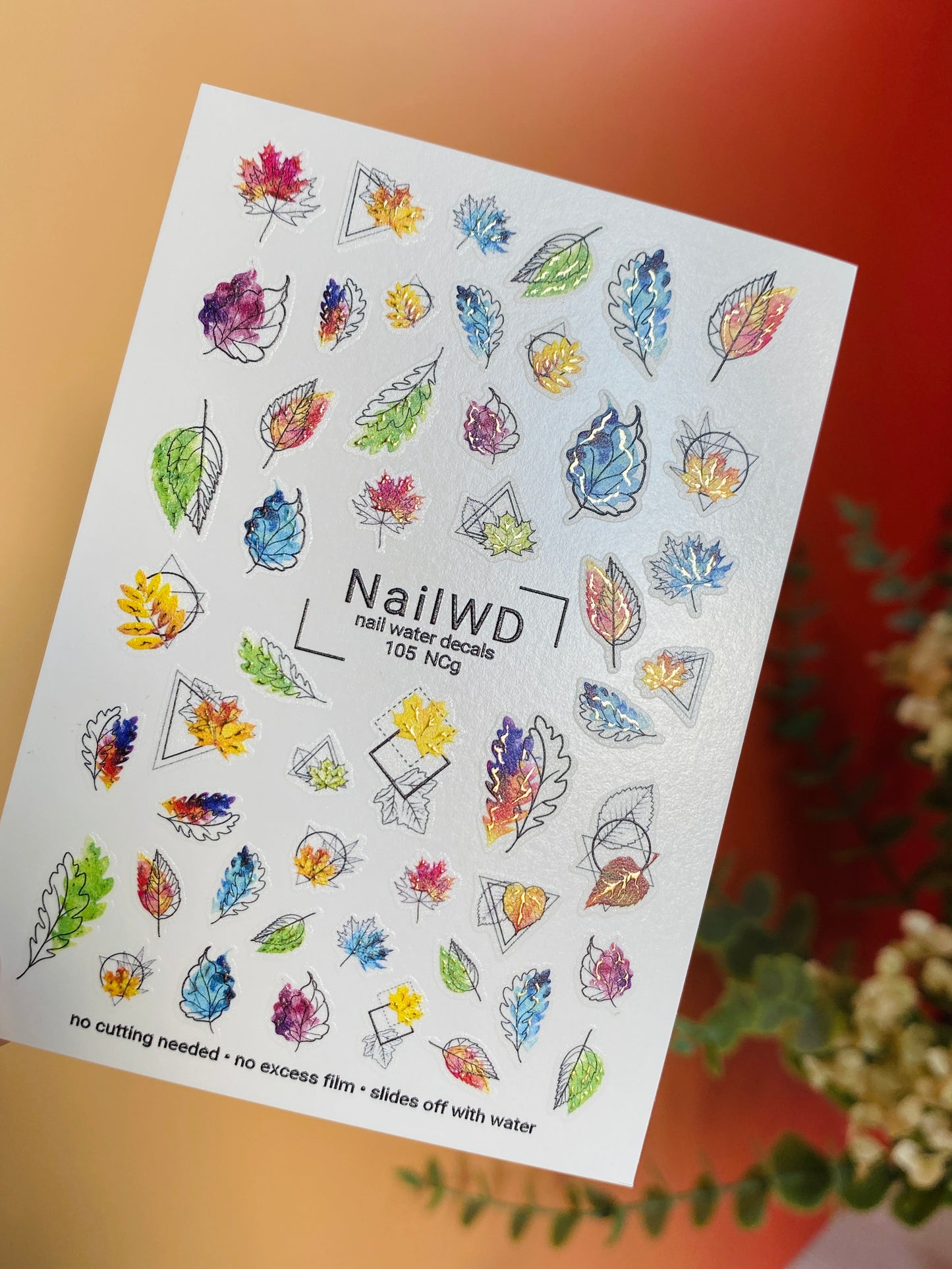 Naklejka na paznokcie wodna 105 NailWD | Wodne naklejki na paznokcie kolorowe jesienne liście | Geometryczne wzory jesiennego zdobienia paznokci