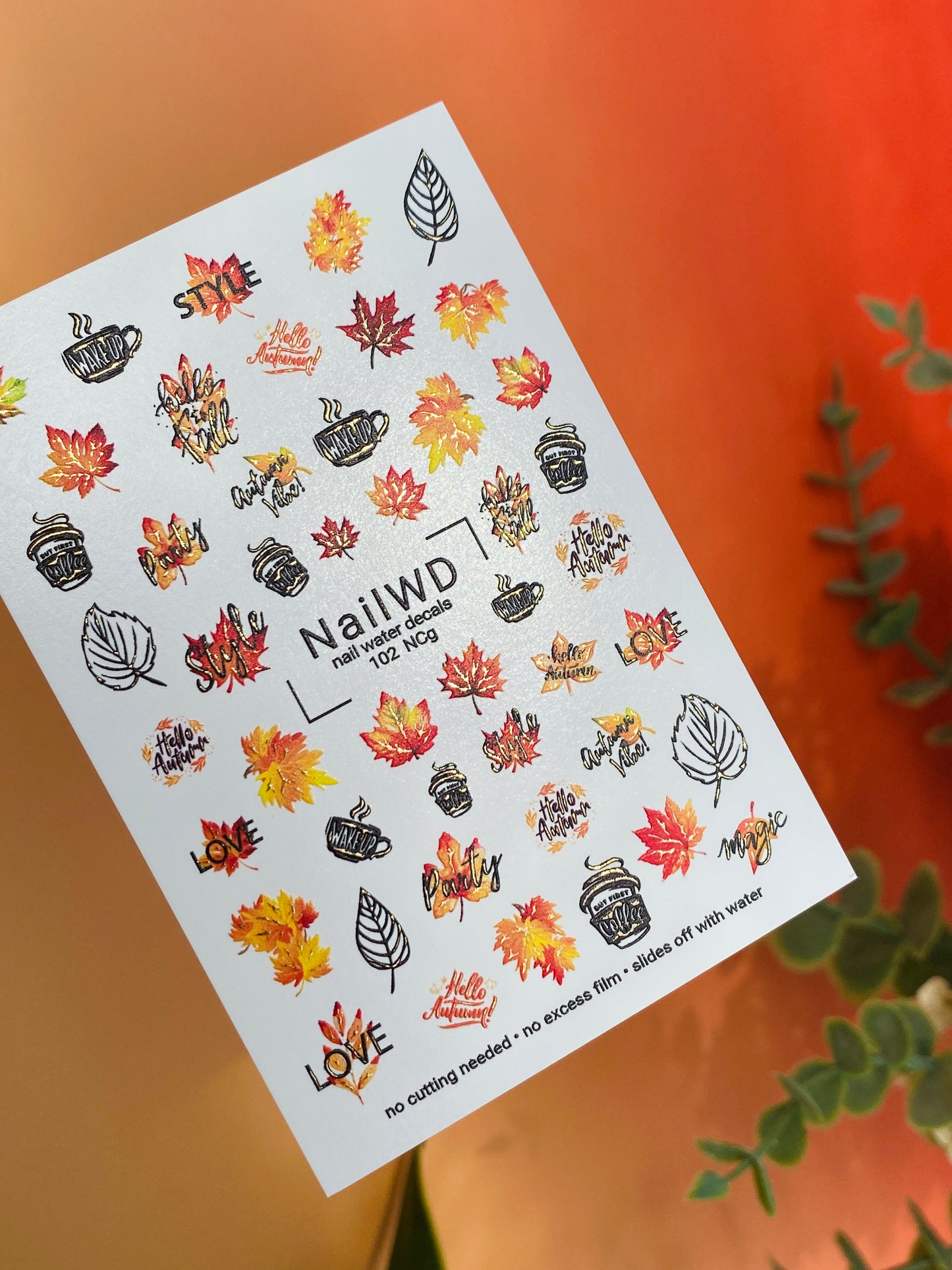 Nagel Wasserabziehbild 102 NailWD | Wasserfolien Nagelabziehbilder Herbst Kaffee und Ahornblätter | Gemütliche Herbst Nagelkunst Aufkleber