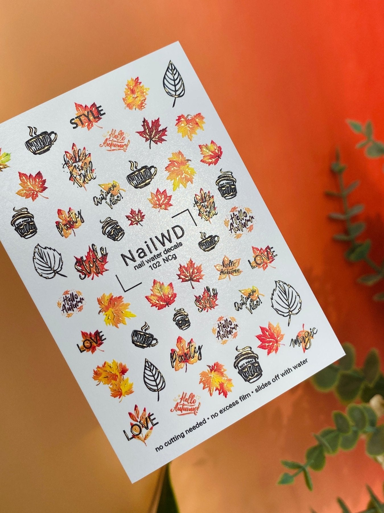 Nail Water Decal 102 NailWD | Water Slide Nail Decals Autumn Coffee and Maple Leaves | Cozy Fall Nail Art Stickers