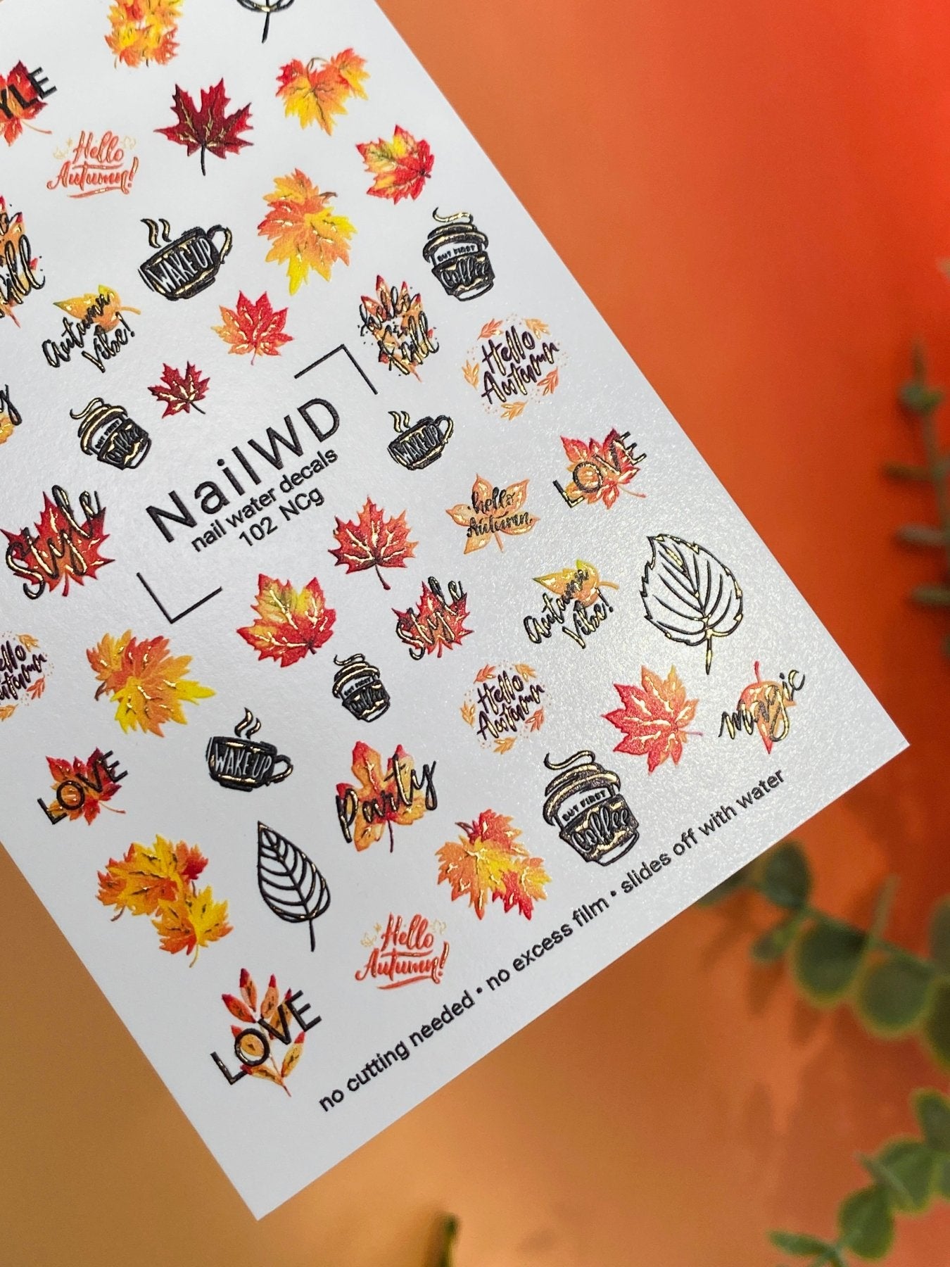 Nail Water Decal 102 NailWD | Water Slide Nail Decals Autumn Coffee and Maple Leaves | Cozy Fall Nail Art Stickers