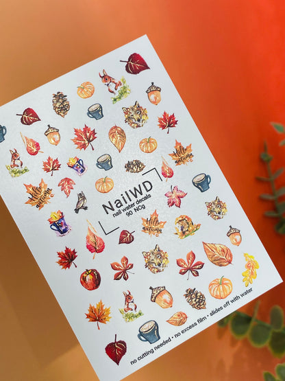 Nagel Wasserabziehbild 90 NailWD | Wasserfolien Nagelabziehbilder Herbsttiere & Blätter | Gemütliche Herbst Nagelkunst