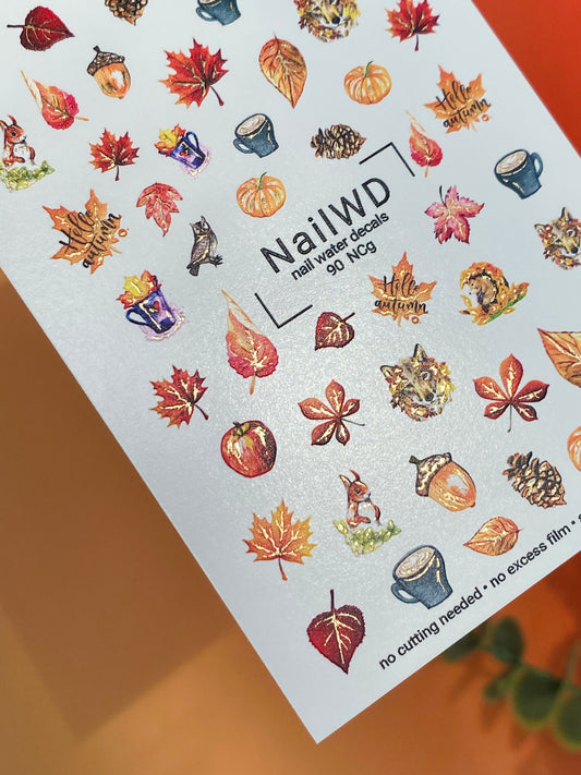 Nail Water Decal 90 NailWD | Water Slide Nail Decals Autumn Animals & Leaves | Cozy Fall Nail Art