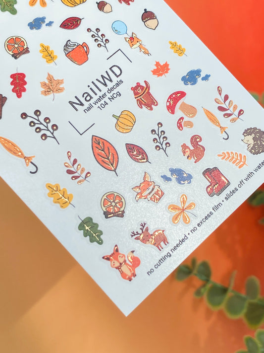 Nail Water Decal 104 NailWD | Water Slide Nail Decals Autumn Foxes and Pumpkins | Cute Fall Nail Art with Woodland Animals