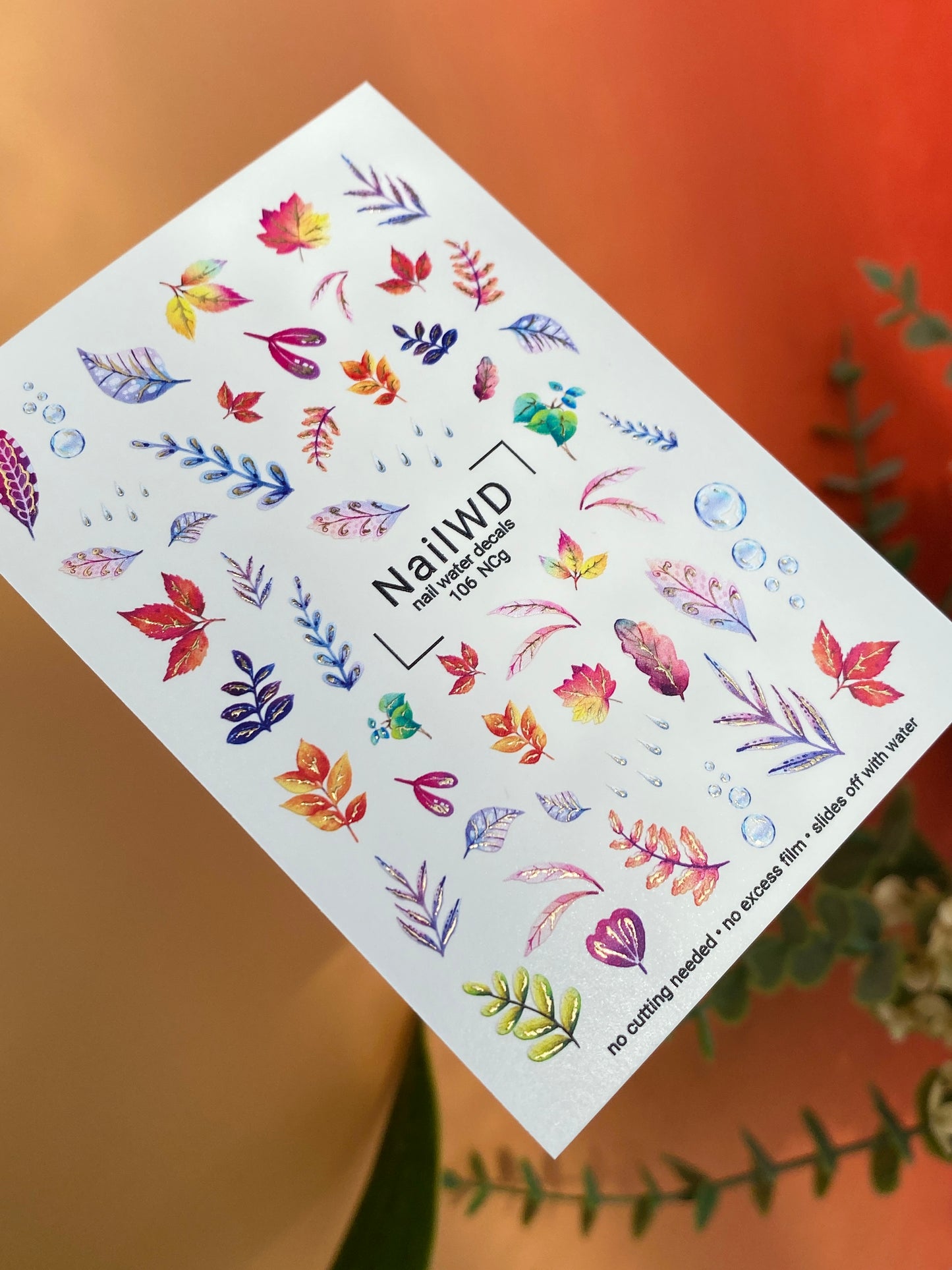 Nail Water Decal 106 NailWD | Water Slide Nail Decals Autumn Leaves with Raindrops | Colorful Fall Nail Art