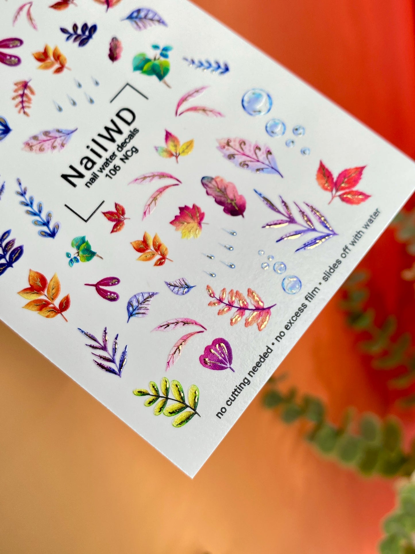 Nail Water Decal 106 NailWD | Water Slide Nail Decals Autumn Leaves with Raindrops | Colorful Fall Nail Art