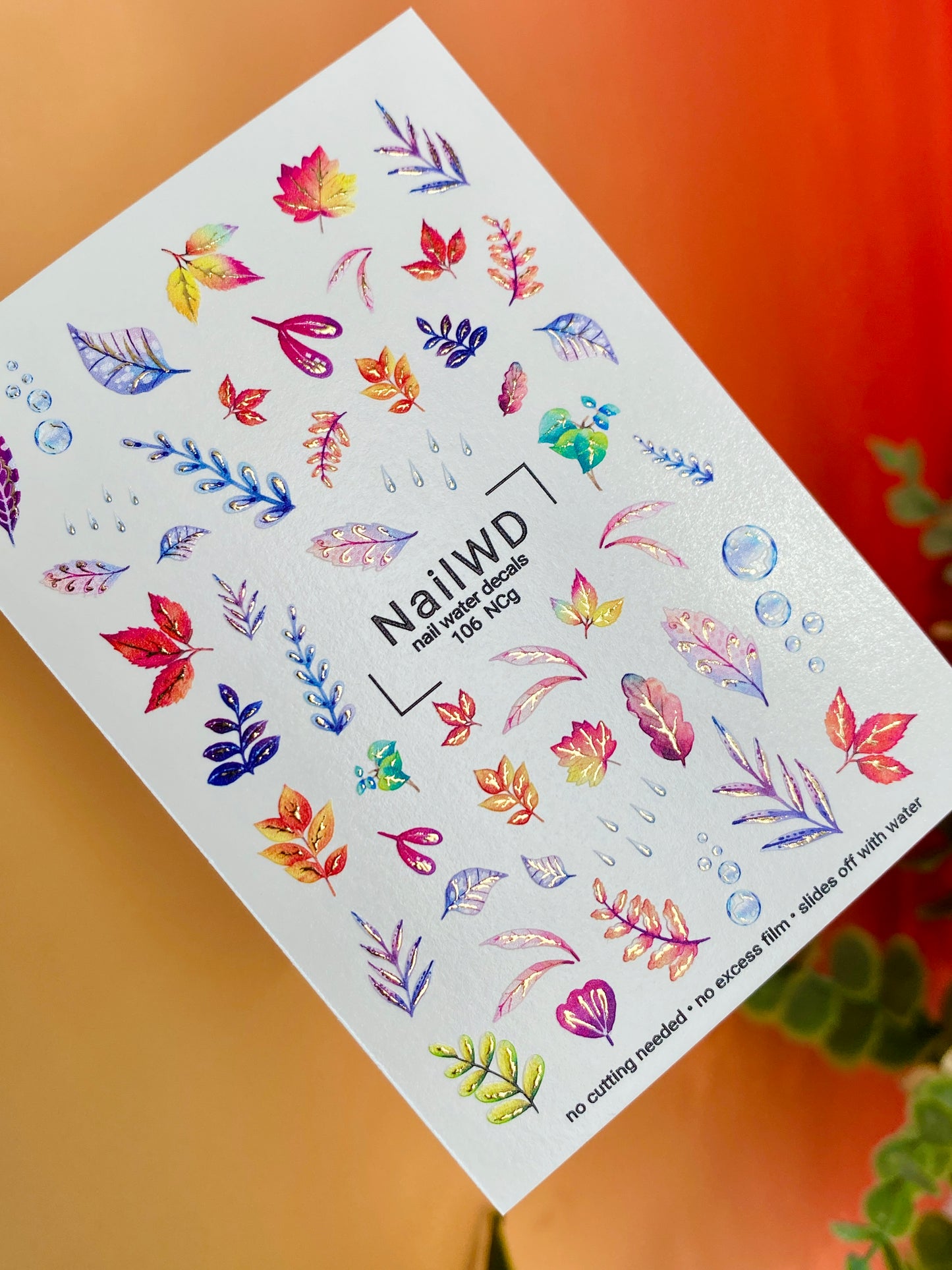 Nail Water Decal 106 NailWD | Water Slide Nail Decals Autumn Leaves with Raindrops | Colorful Fall Nail Art