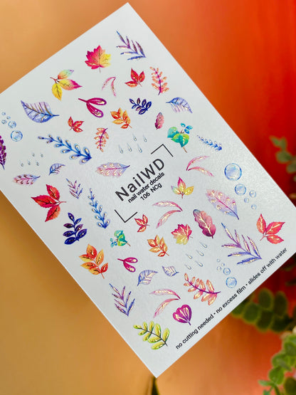 Nail Water Decal 106 NailWD | Water Slide Nail Decals Autumn Leaves with Raindrops | Colorful Fall Nail Art