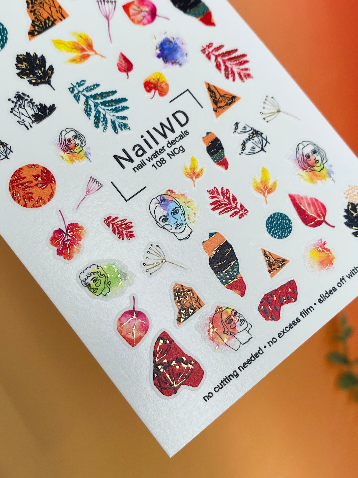 Nail Water Decal 108 NailWD | Water Slide Nail Decals Abstract Autumn | Artistic Faces and Leaves Nail Art