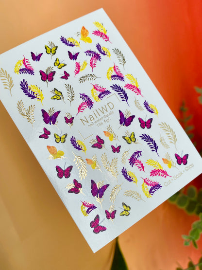 Nail Water Decal 156 Nail WD | Water Slide Nail Decals Colorful Butterflies & Leaves | Nail Water Decals Bright Nature Design