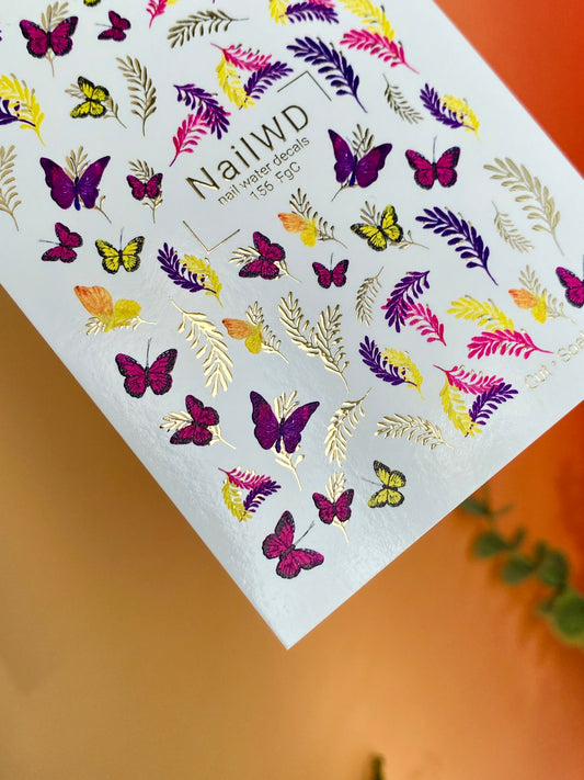 Nail Water Decal 156 Nail WD | Water Slide Nail Decals Colorful Butterflies & Leaves | Nail Water Decals Bright Nature Design