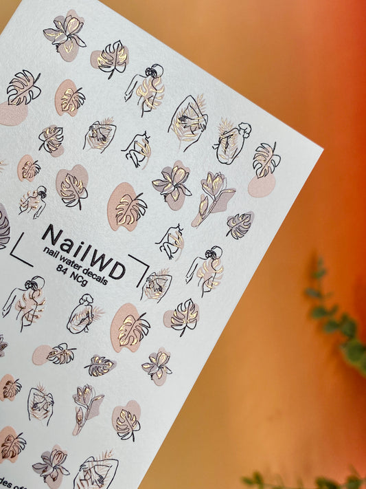 Nail Water Decal 84 NailWD | Water Slide Nail Decals Abstract Women & Botanical Motifs | Minimalist Art Design